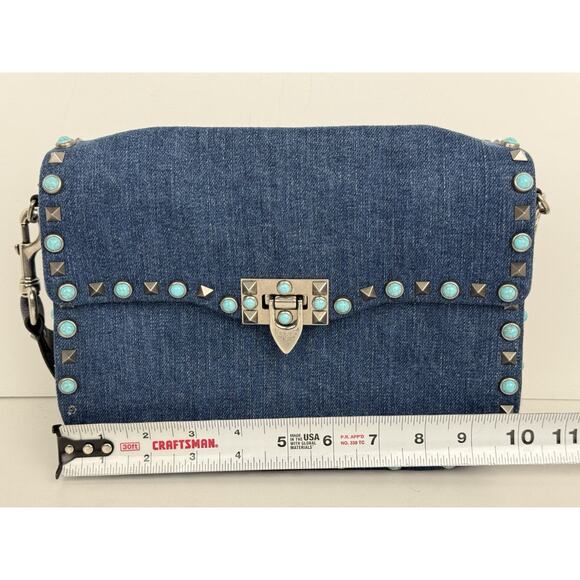 Valentino Rolling Rockstud Denim and Leather Shoulder Bag with Multicolor Strap - Picture 13 of 16